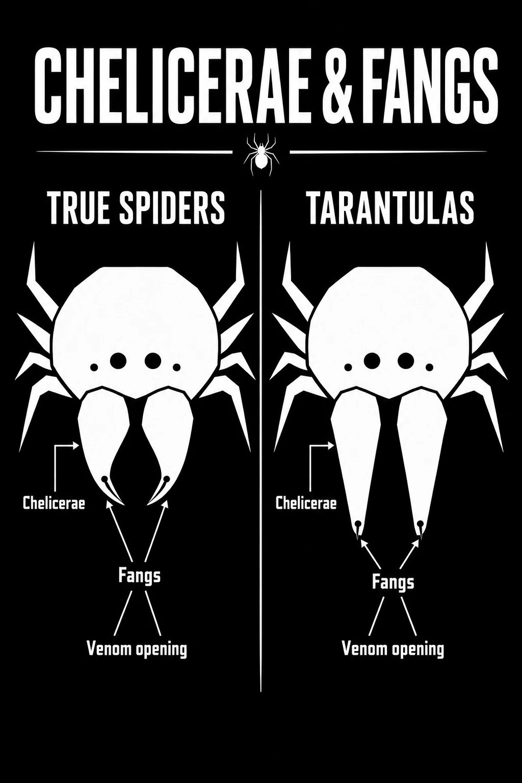 Simplified comparison of opposing araneomorph chelicerae and parallel tarantula chelicerae