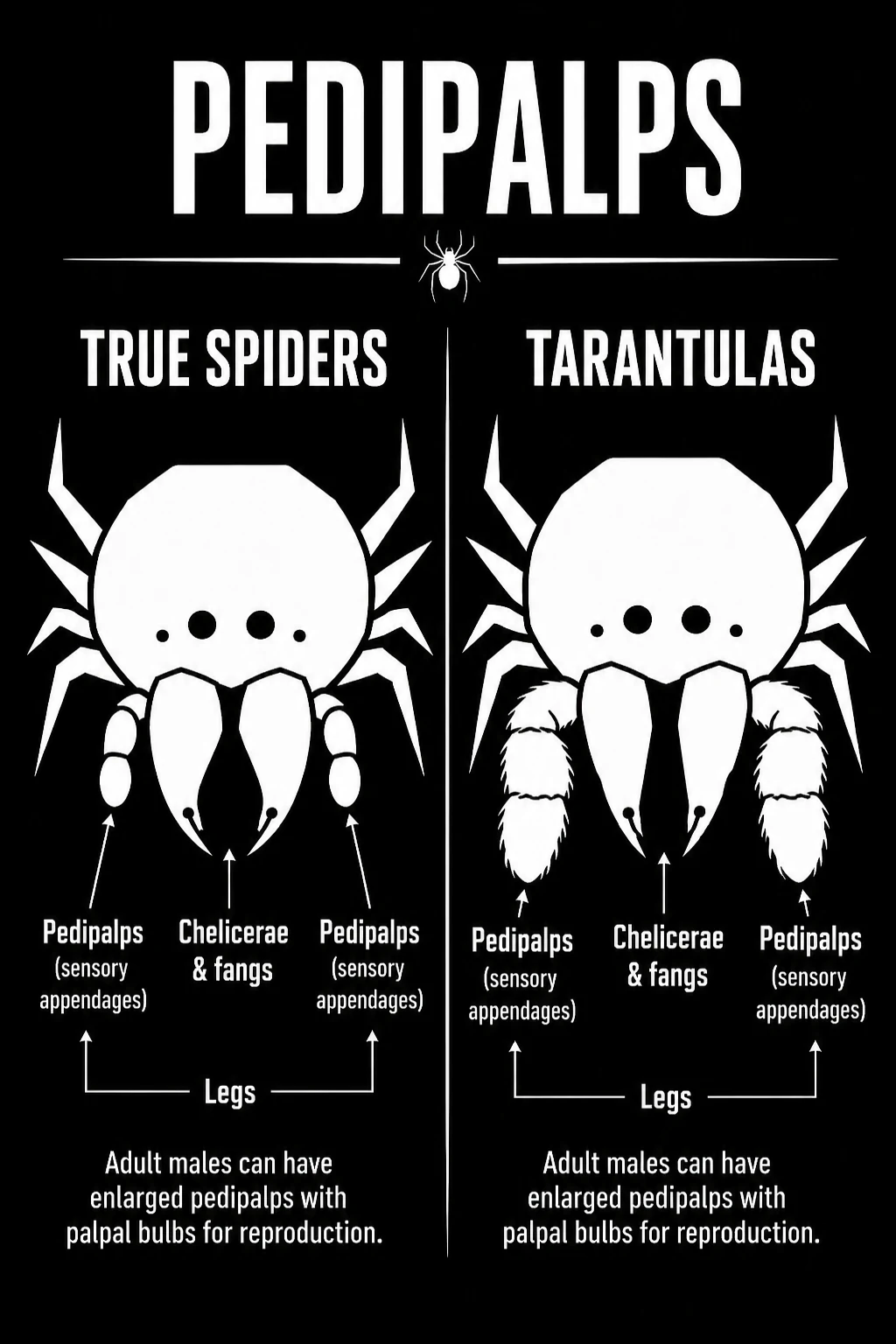 Simplified front-view comparison of pedipalps in an araneomorph spider and a tarantula